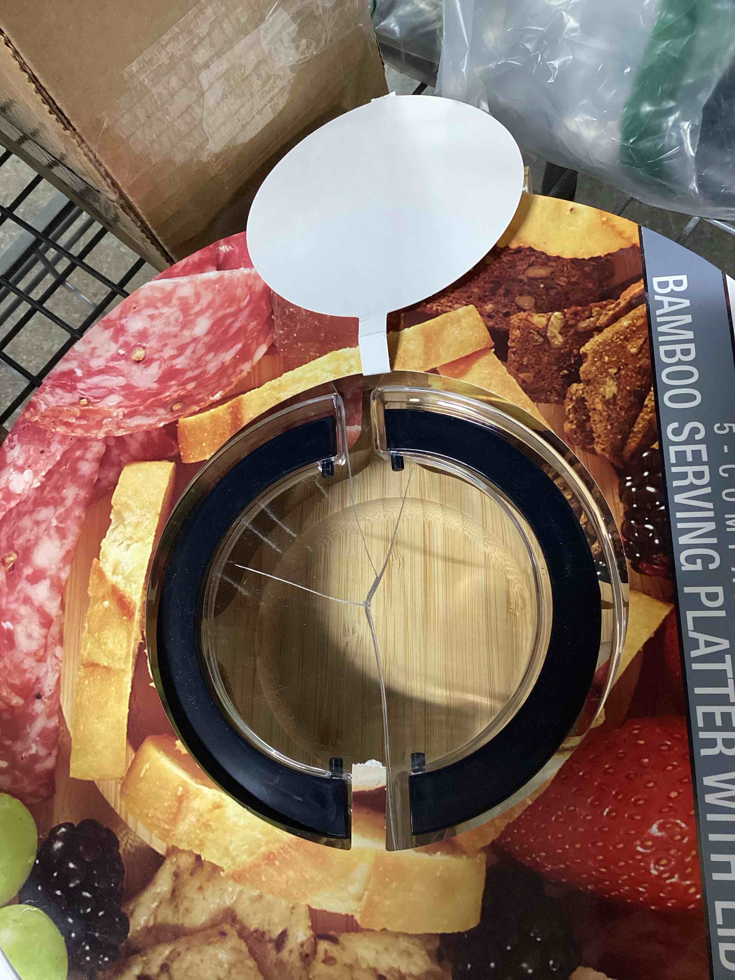 Condition photo showing As Is for (lid is cracked)round charcuterie board with clear lid, travel picnic portable cheese board charcuterie boxes, meat fruit serving tray platter, house warming gifts new home, gifts for women, black, 5 compartments 5 compartments 5 compartments-round-black
