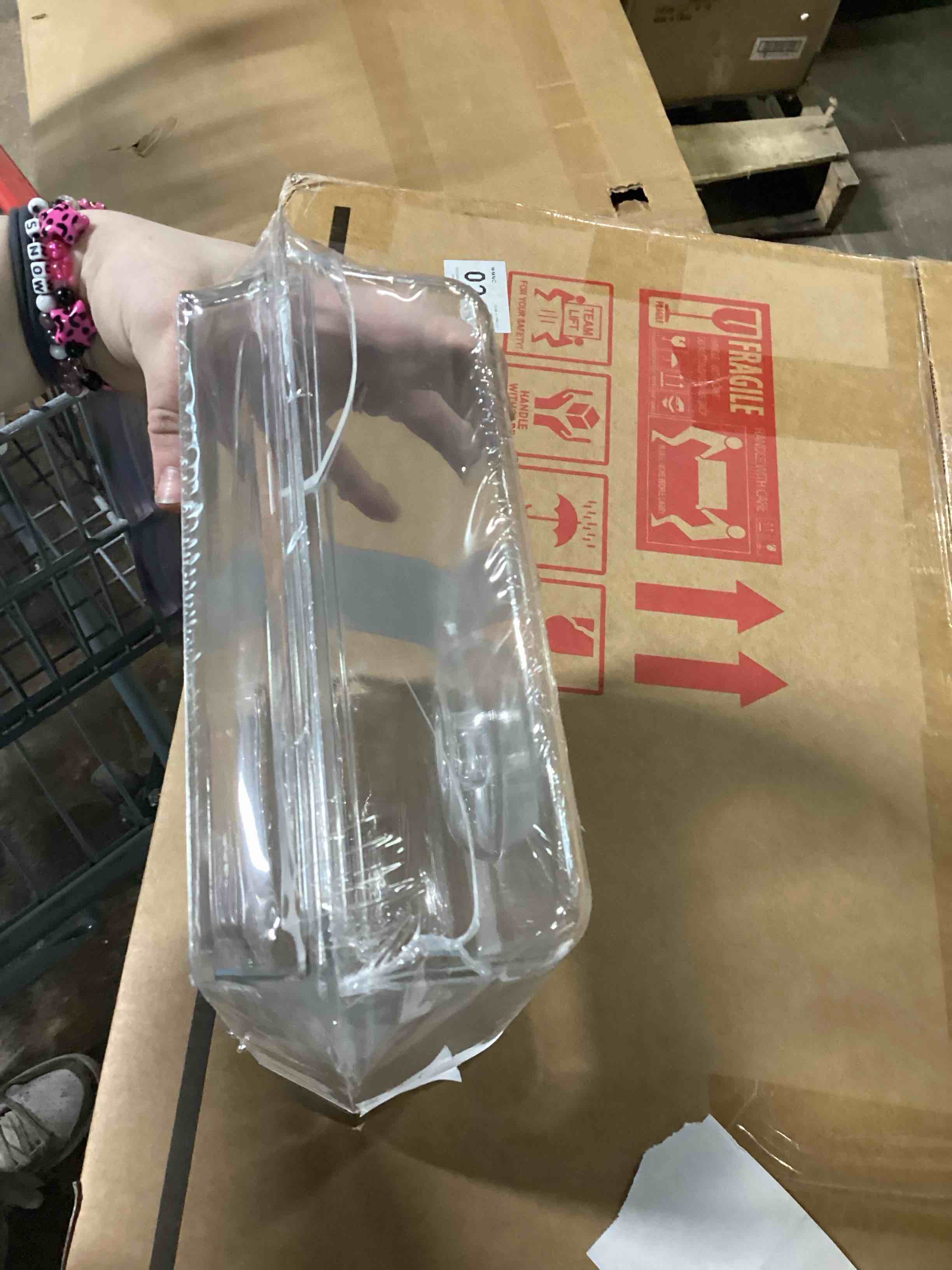 Condition photo showing As Is for (damage pictured )clear premium acrylic rectanglees serving tray with lid (12.63" x 8.75" x 3.38") perfect for parties