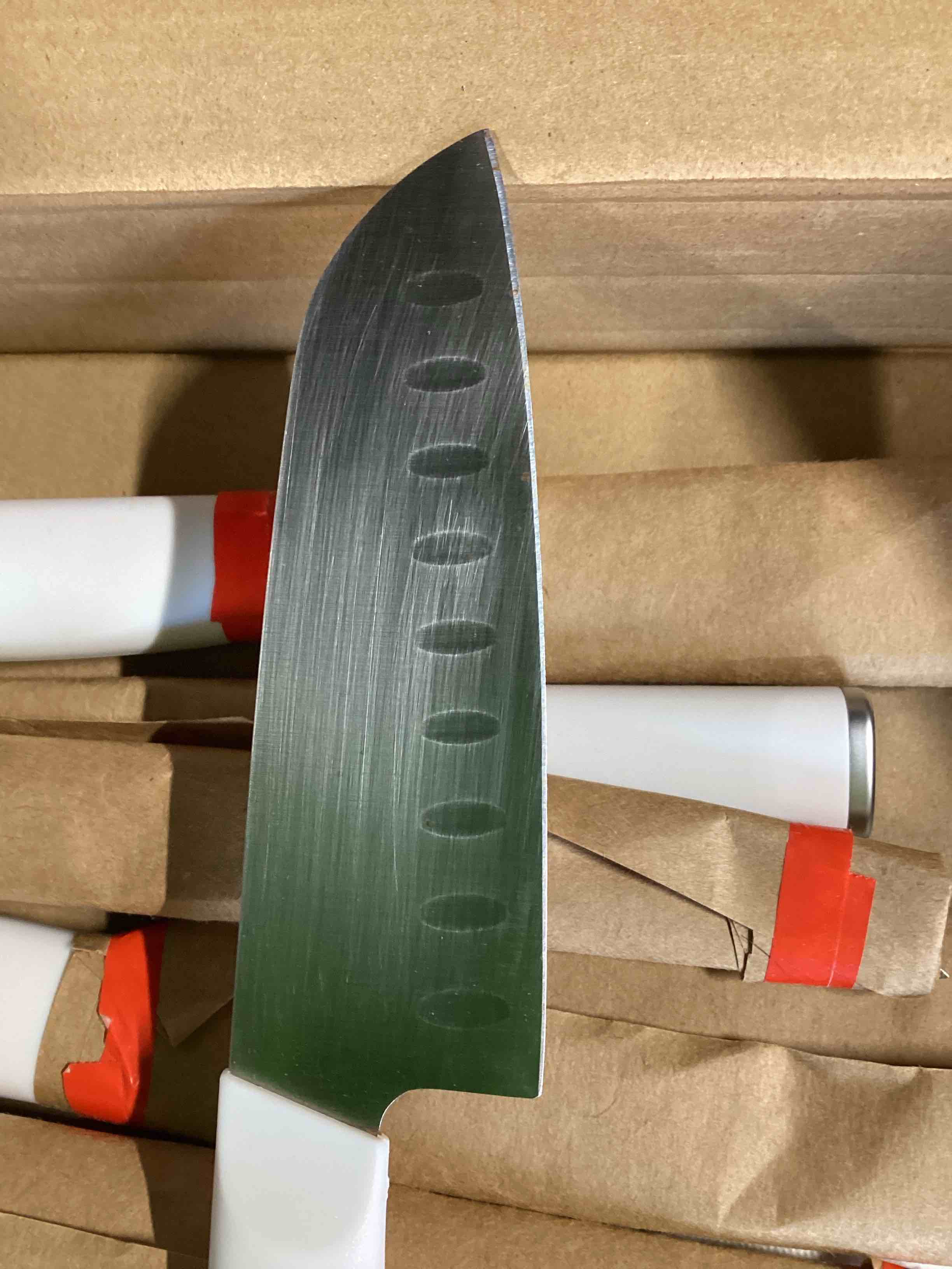 Condition photo showing Good Condition for (knife blades scuffed and scratched) kitchenaid classic slim knife block set with built-in knife sharpener, high carbon stainless steel kitchen knives, sharp kitchen knife set with block, 14-piece, white