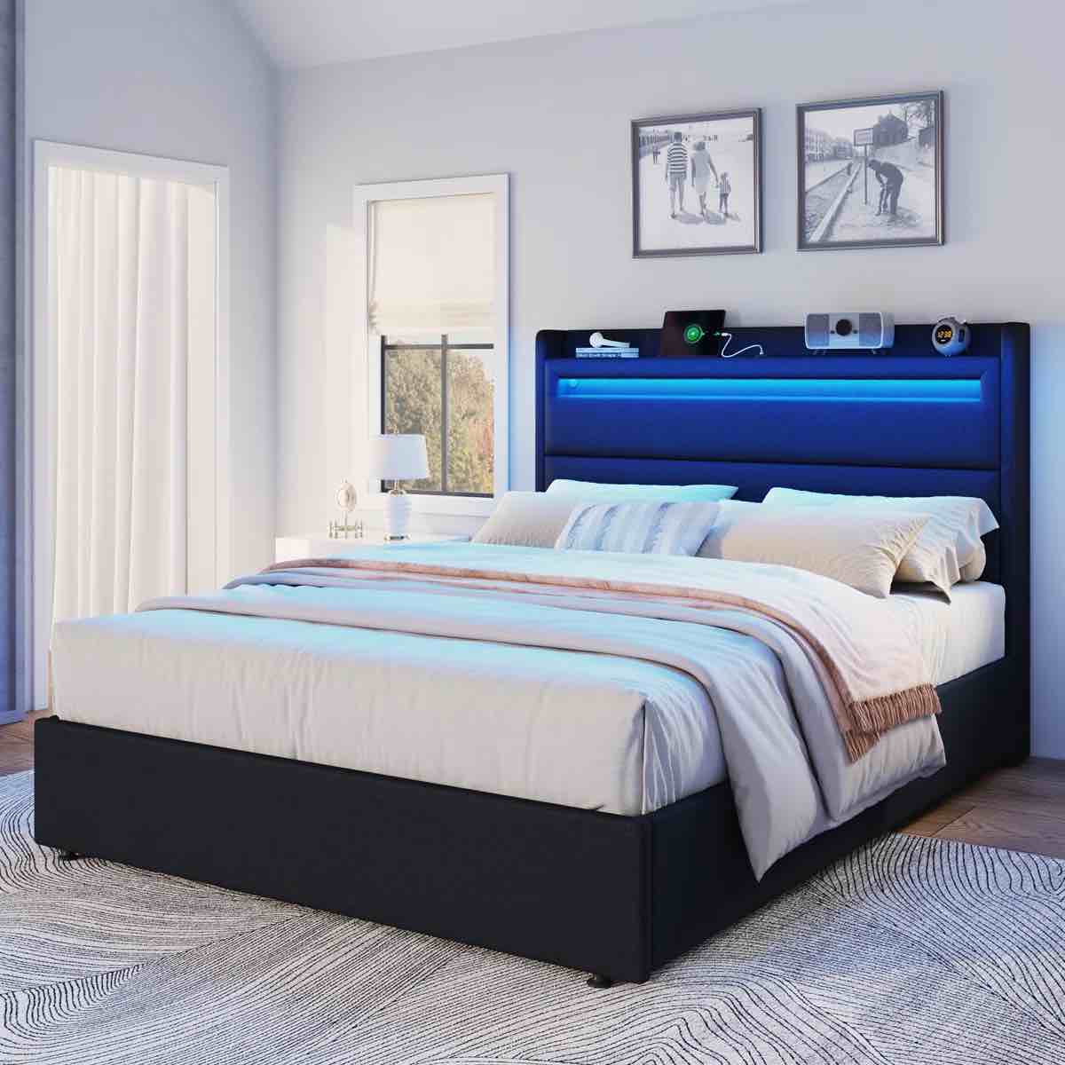 Berneil Upholstered Queen Bed Frame with RGBW LED Lights Headboard & 4 Storage Drawers, Black