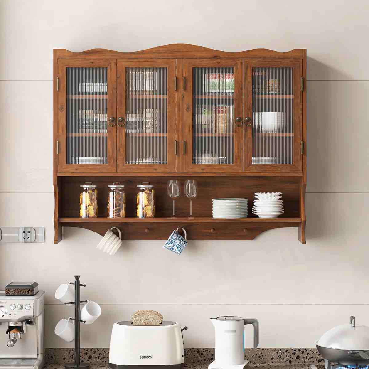 Retro 4-Door Wall-Mounted Cabinet with Removable Shelves and Open Hook Rack