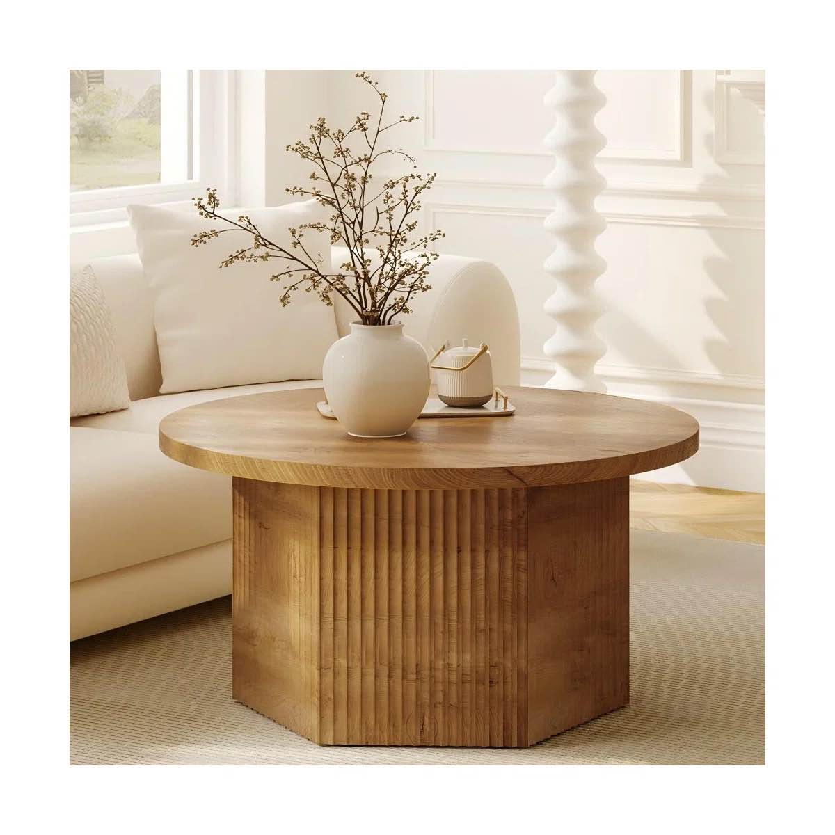 Torron Lift Top Round Coffee Table with Drum Base