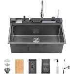 33" drop-in single bowl stainless steel kitchen sink with digital display workstation sink - pull-down sprayer, pressurized cup washer