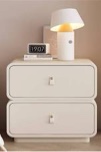 Solid Wood Italian Minimalist Nightstand With Leather Drawer - Modern Cream Bedside Table For Small Spaces