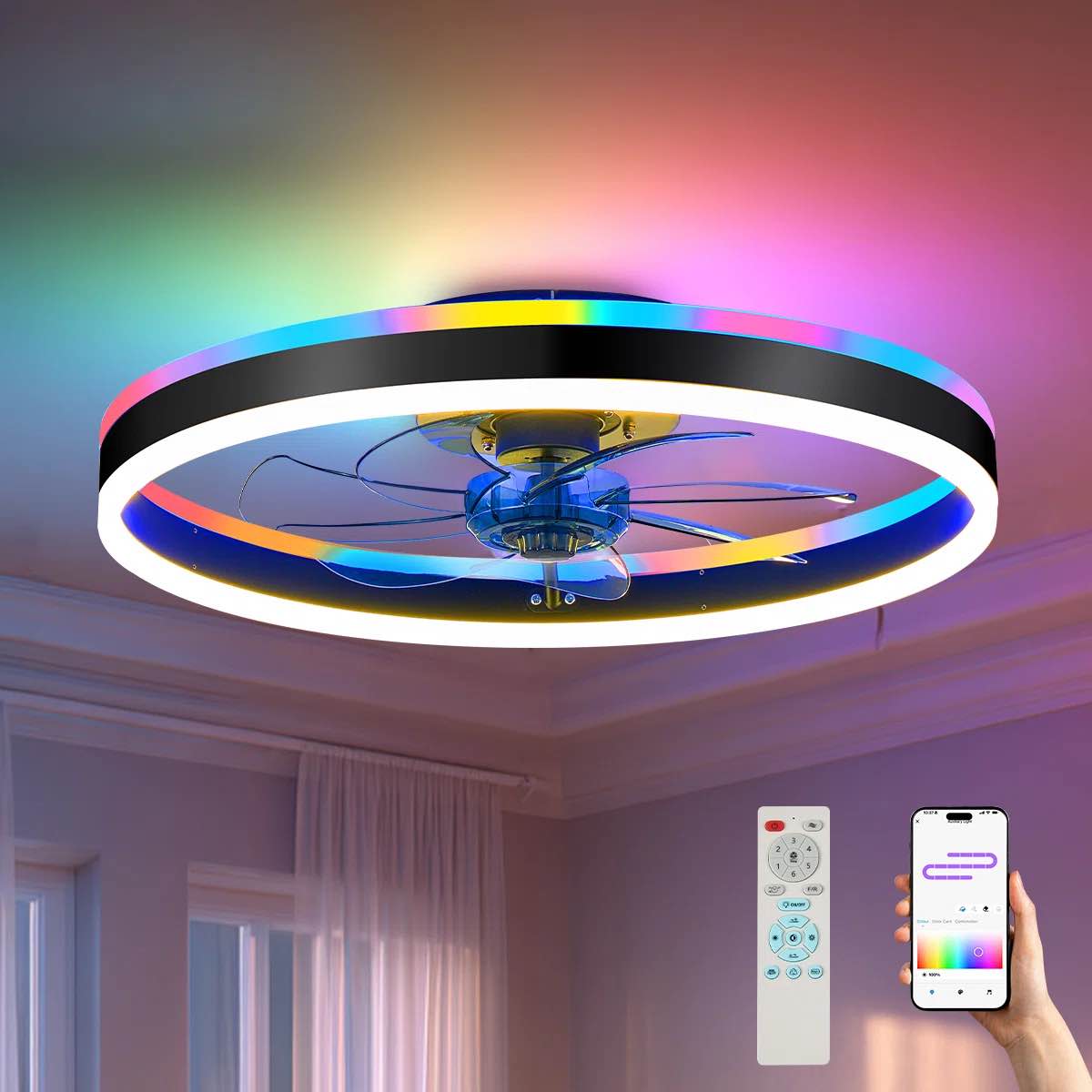 20"Modern RGB Ceiling Fan with Light and Remote, App, Reversiable Motor for Bedroom, Living Room, Home, Black