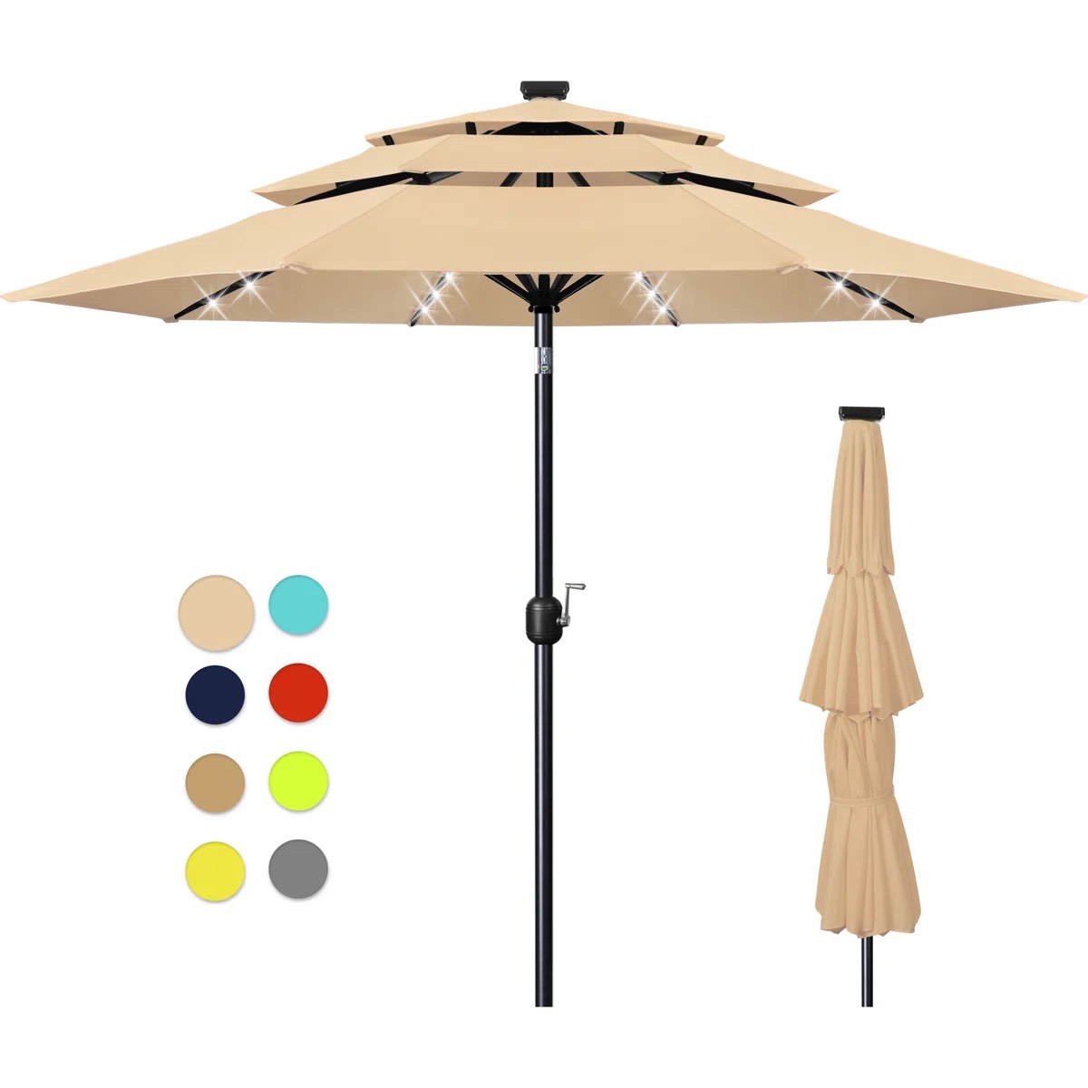 10Ft 3-Tier Solar Patio Umbrella?LED Lights Patio Umbrellas With 8 Sturdy Ribs,UV Protection For Garden Deck Backyard Pool