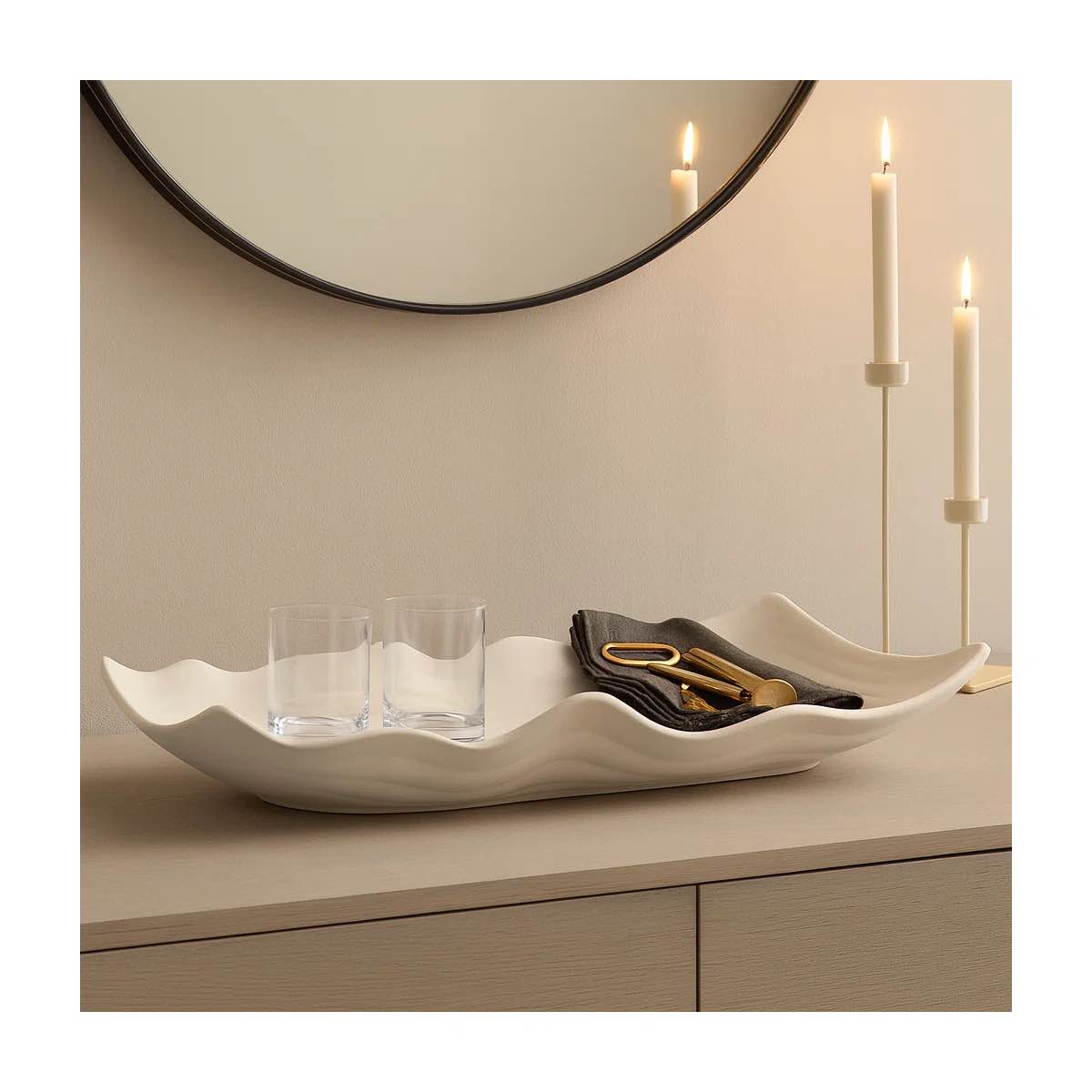 Wavy Abstract Oversized Decorative Tray for Ottoman - Modern Home Decor Accent Tray for Coffee Table, Jewelry, Kitchen, or Trinket - 19", Ivory & Tan