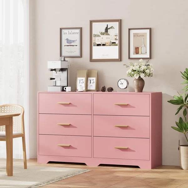 Modern Pink 6 Drawer Dresser, Simply Modern Chest of Drawers, 6 Drawer Dressers for Clothes Storage for Bedroom, Wood Storage Double Dresser for Bedroom, Living Room, Entryway