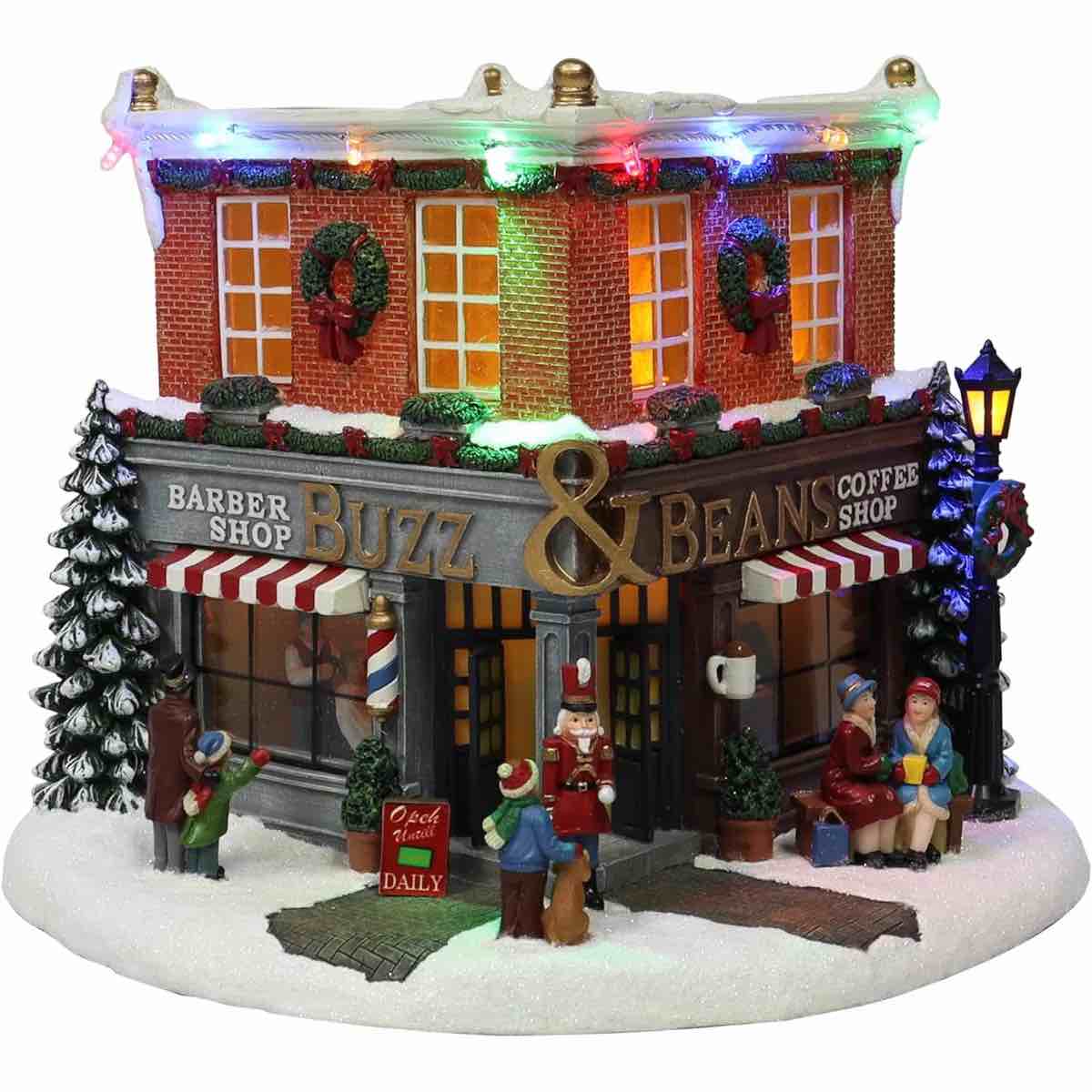 7.9” Vintage Buzz Beans Corner Barber Coffee Shop - LED, 8 Music, Battery - Hand-Painted Resin