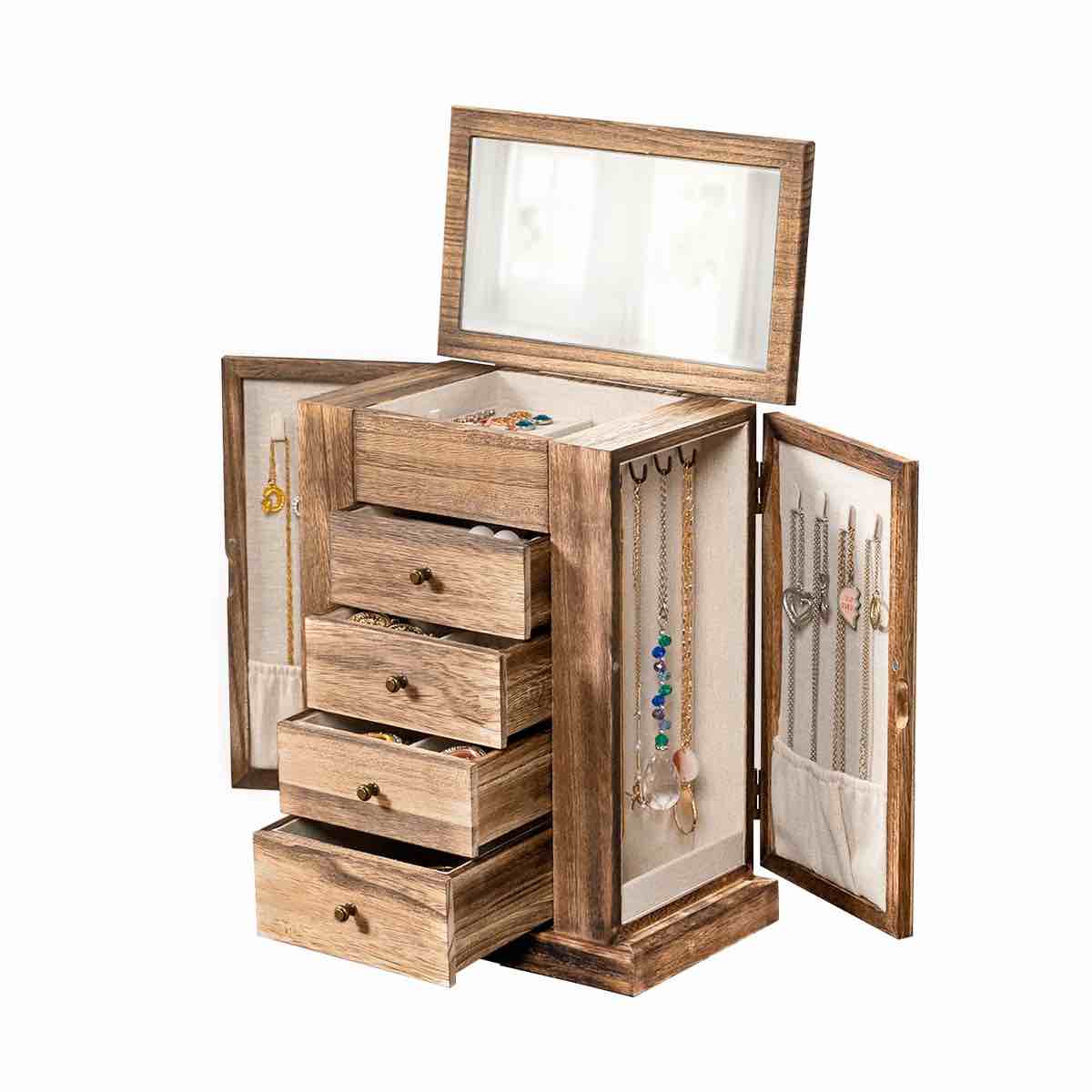 djerid jewelry box, 5 layer large wood jewelry boxes for necklaces earrings rings bracelets, rustic wooden jewelry organizer box with 4 drawers and mirror