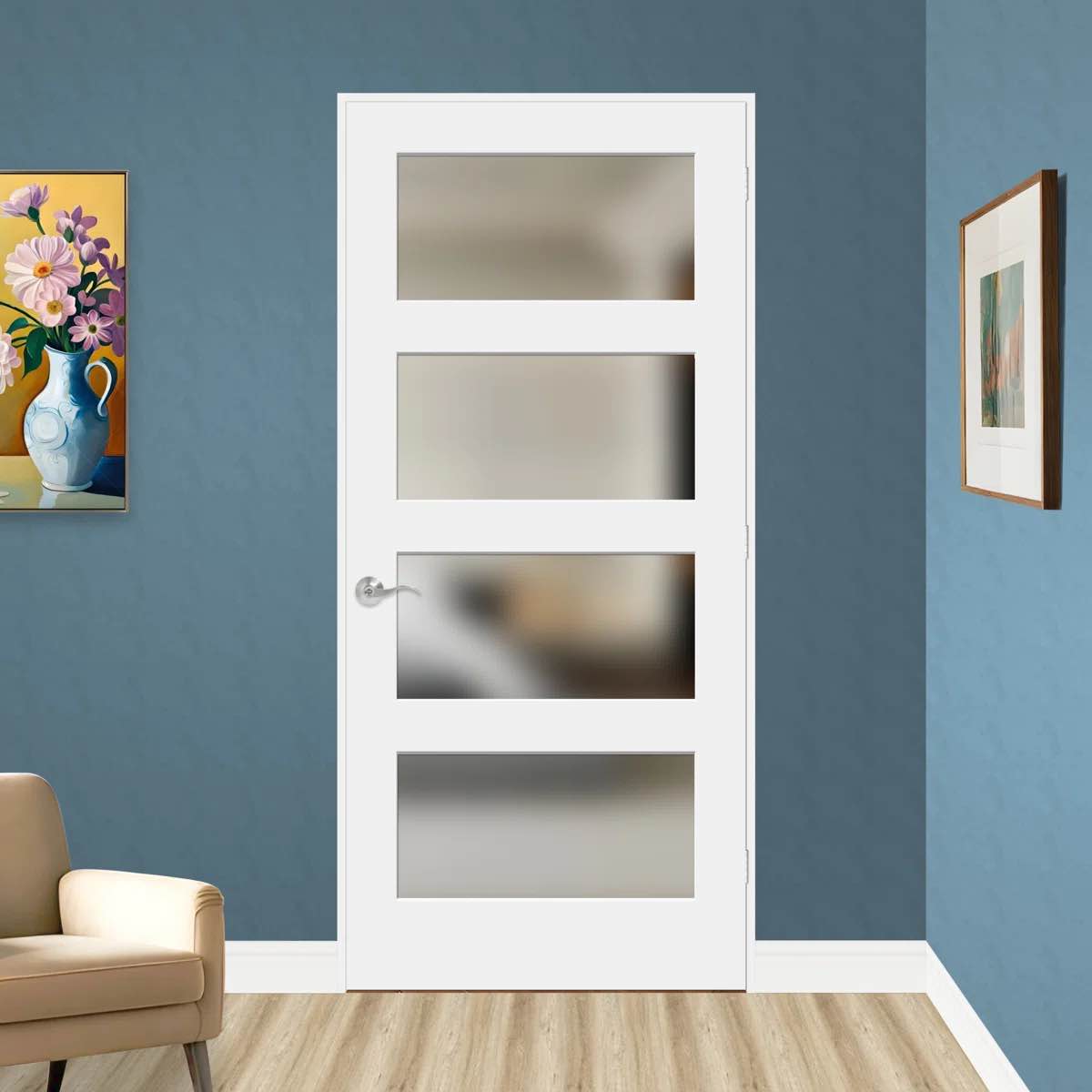 pre-drilled 80" height 4-lite frosted tempered glass and solid manufactured wood white primed slab door