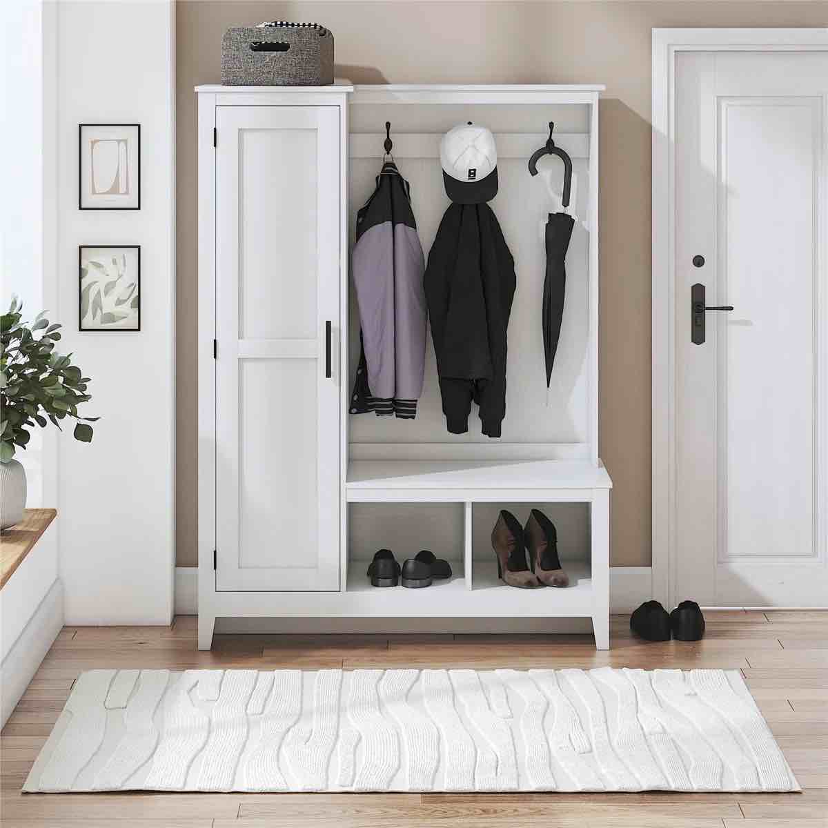 farmhouse entryway hall tree with bench, shoe storage and door