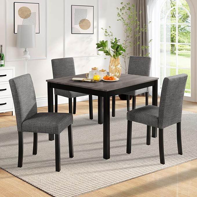 Farmhouse Dining Table Set for 4, Wood Kitchen Table \u0026 4 Upholstered Chairs with Sturdy Wood Frame, Padded Seat, Curved Backrest, Space-Saving Dinette Set for Dining Room