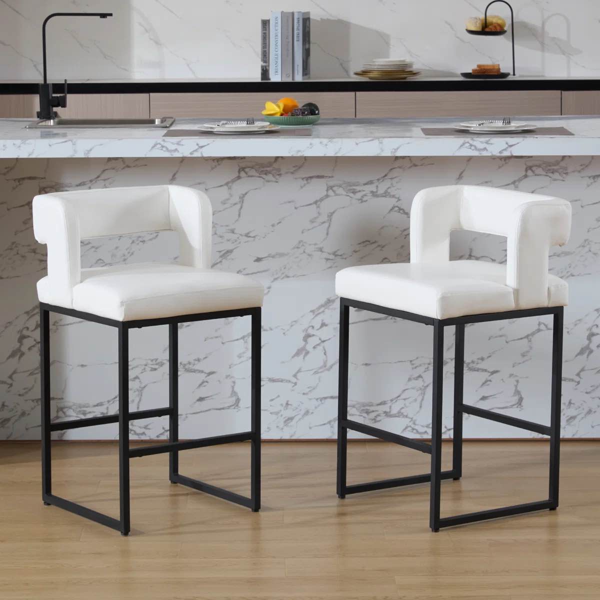 Condition photo showing Good Condition for 26â€™â€™ Upholstered Faux Leather Hollow Back Counter Stool With Metal Frame, Modern Round Arms Counter Height Bar Stool For Kitchen Island/Dining Room/Home Pub