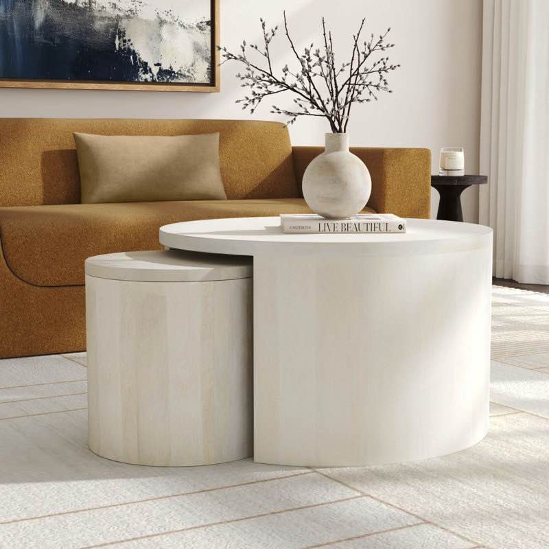 Condition photo showing Good Condition for (CRACKED TOP ) Cyrus Solid Wood Drum 2 Nesting Tables Set with Storage