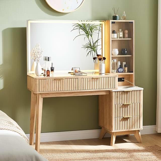 Fluted Vanity Desk With 36" Mirror And Lights, Makeup Vanity Desk With Glass Top, Dressing Table With 5 Drawers \u0026 Shelves, Wood Vanity Table For Bedroom