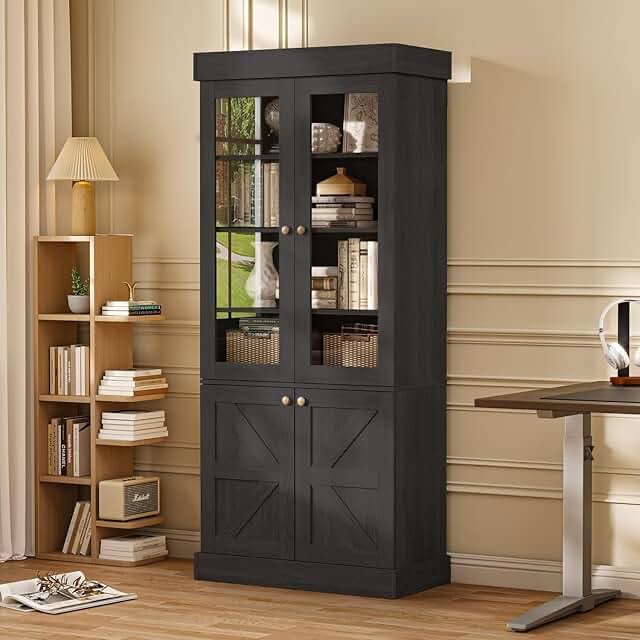 71" H X 23.6" W Kitchen Pantry With Bookcases, Glass Door Kitchen Hutch