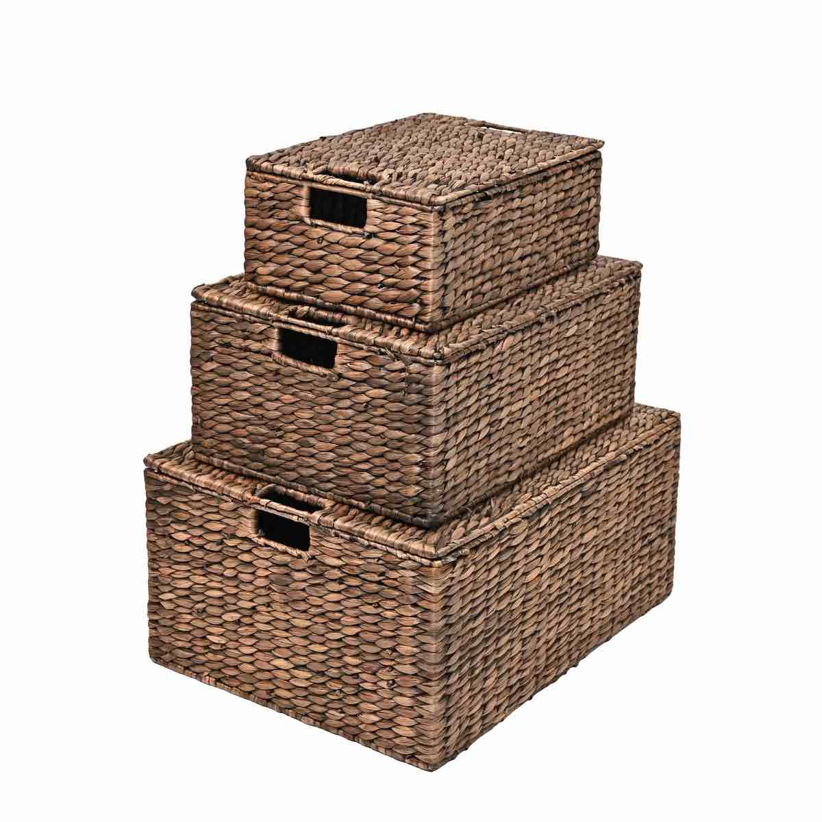 Bushman Classic Farmhouse Woven Hyacinth Rectangular Storage Baskets with Lids and Handles (Set of 3)