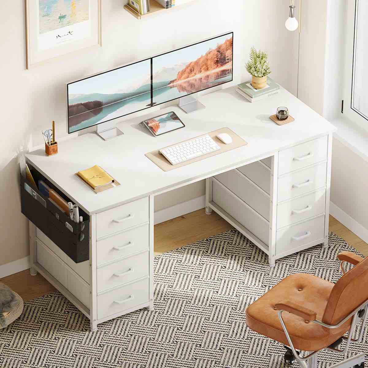 home office desk with 8 spacious drawers, modern writing desk with sturdy design, corner desk with reversible structure