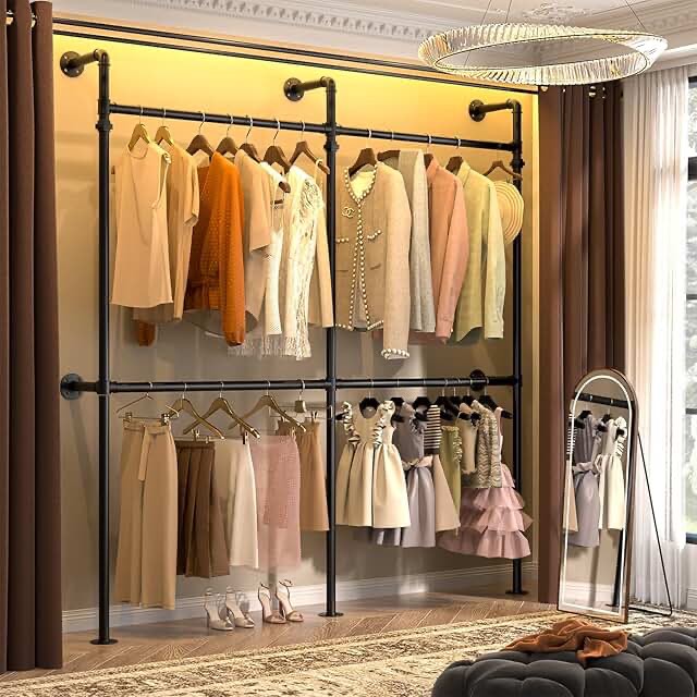 85"-128" Metal Pipe Clothing Rack Wall Mounted , Garment Rack