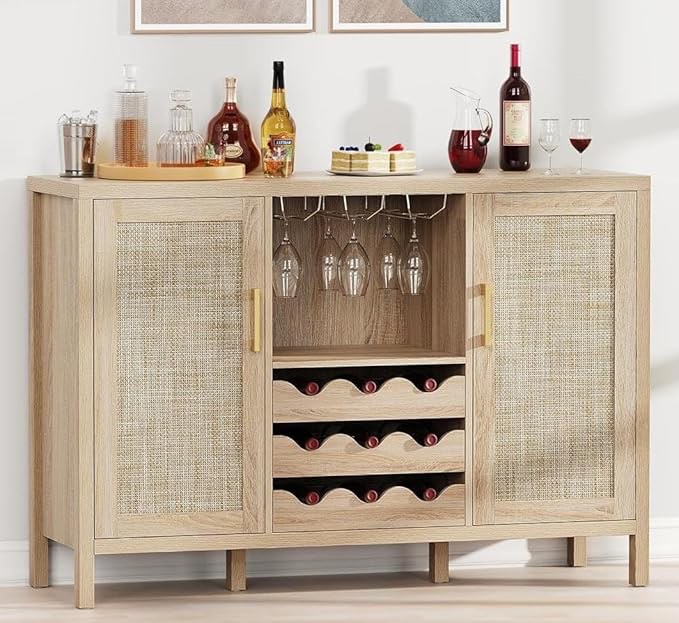 Rattan Wine Bar Cabinet with Glass Holder and Drawer Style Wine Racks