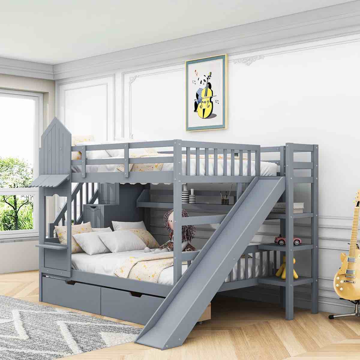 Hannu 2 Drawers Bunk Bed with Storage Stairs, Slide and Bookcase