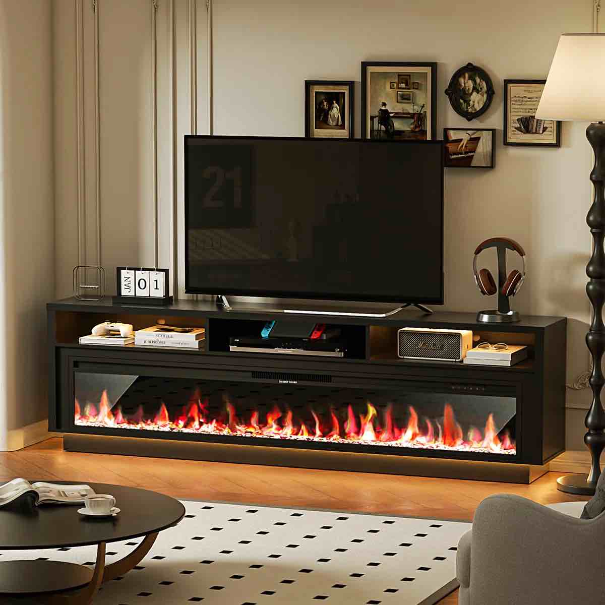 Condition photo showing Good Condition for Fireplace TV Stand for TVs Up to 65" with 52" Electric Fireplace, TV Console for The Living Room, LED Light Entertainment Center, Storage Cabinet, Media Console Table