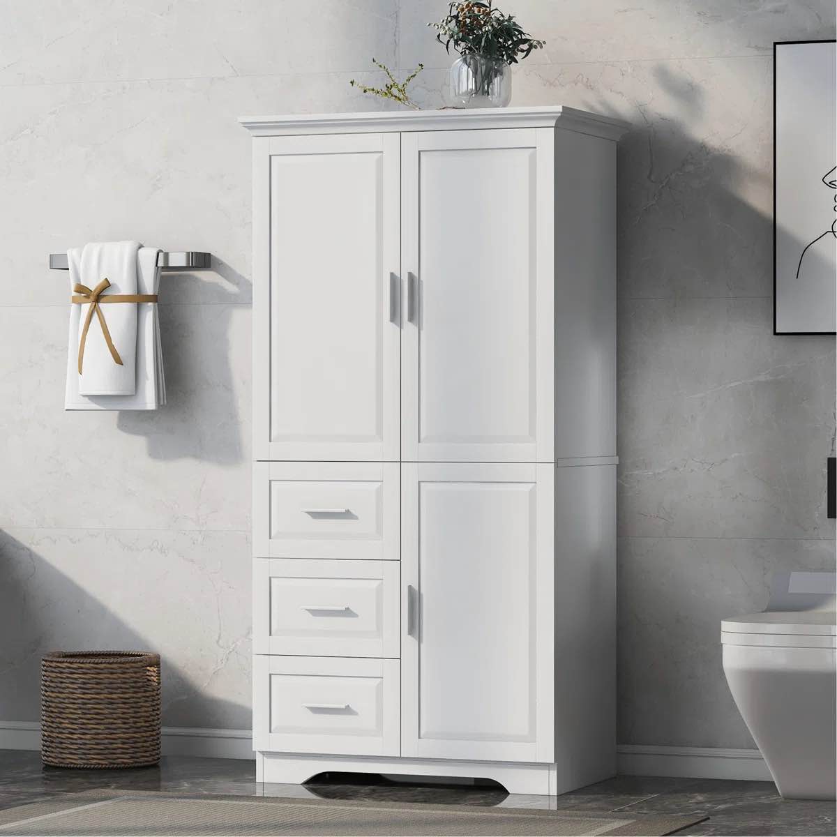 Jayvion Modern Tall \u0026 Wide Bathroom Storage Cabinet | Sturdy MDF Construction | 2 Doors + 3 Spacious Drawers | Water-Resistant Finish for Bathroom/Office/Home
