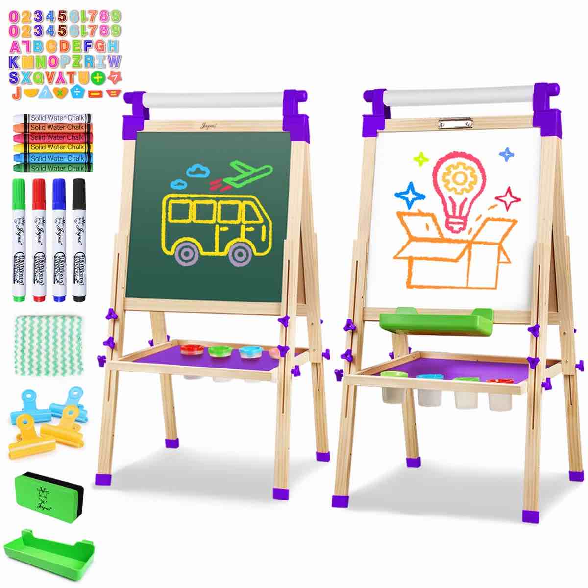 joyooss kids wooden easel with paper roll - adjustable magnetic double sided drawing board whiteboard \u0026 chalkboard dry easel board joy126-r