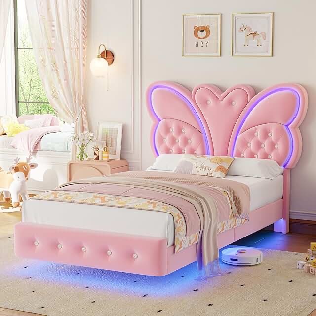 butterfly upholstered floating kid bed with led light