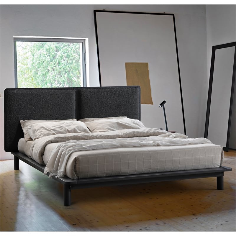 queen size wood platform bed in black frame and black boucle