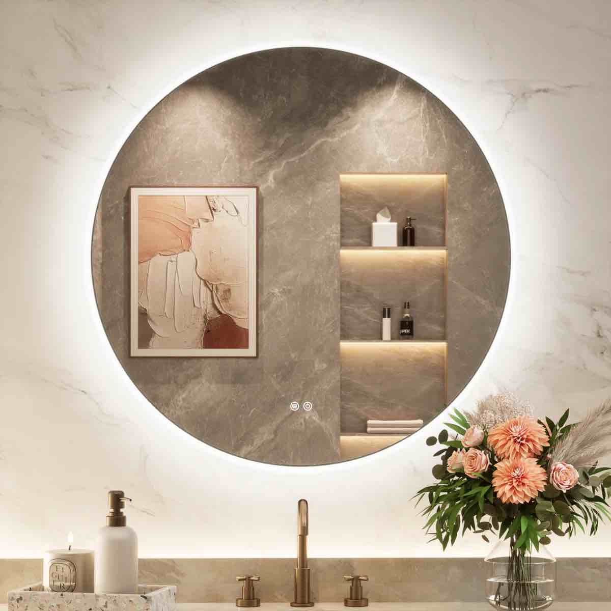 adorna  round frameless backlit mirror, led bathroom mirror with dimmable brightness, anti-fog function, 50000h lifetime, shatterproof film