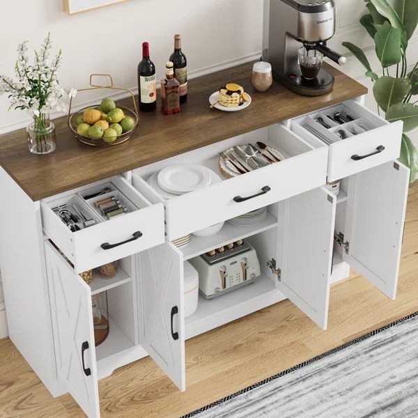 Condition photo showing Good Condition for 65" Buffet Cabinet With Storage Accent Sideboard With 4 Doors, Fluted Credenza Modern Buffet Table Media Console Cabinet Entryway Cabinets For Living Room Kitchen Dining Room Hallway