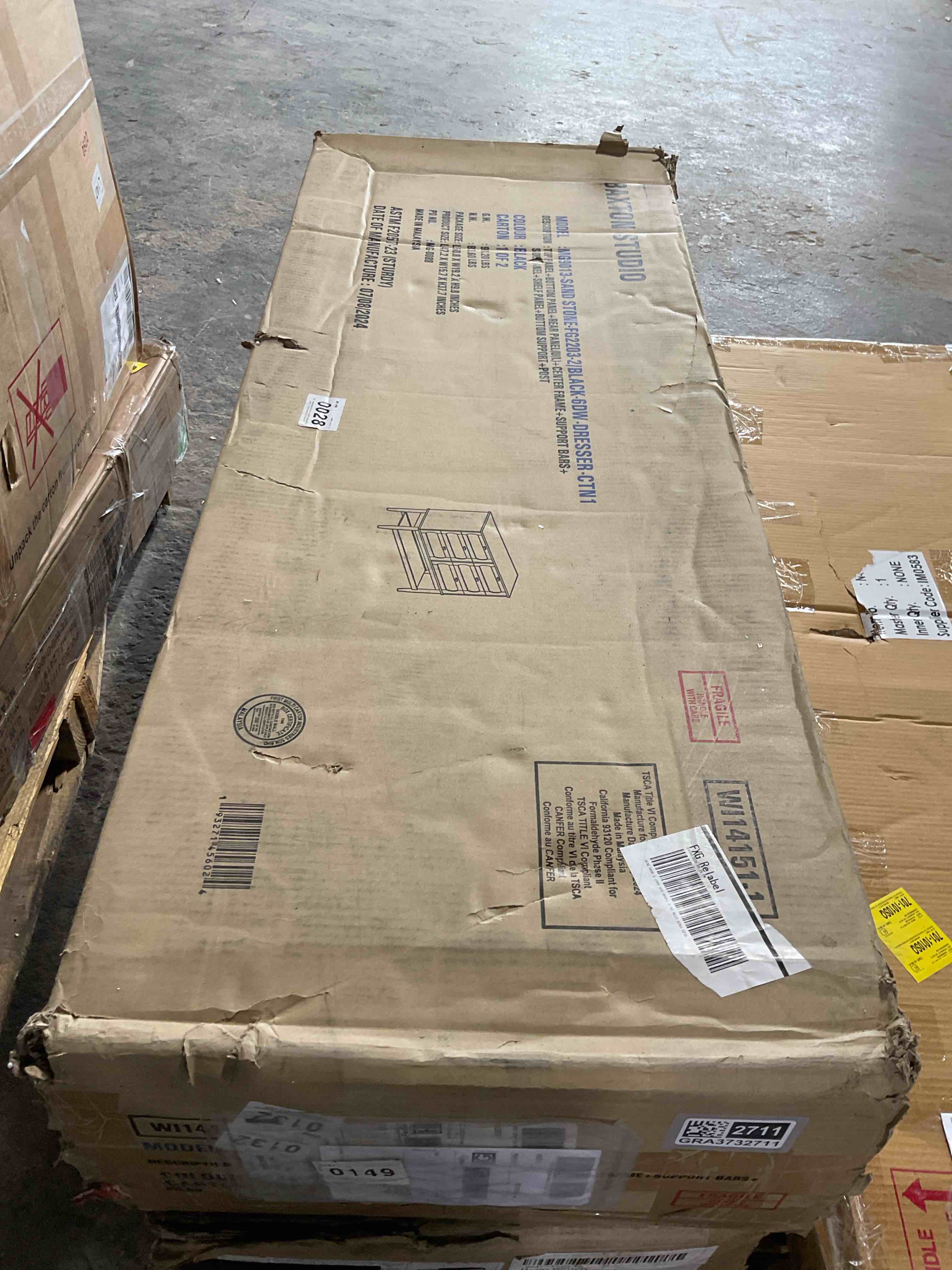 Condition photo showing Good Condition for Baxton Studio mid-century, beige fabric, and Blackwood six door dresser