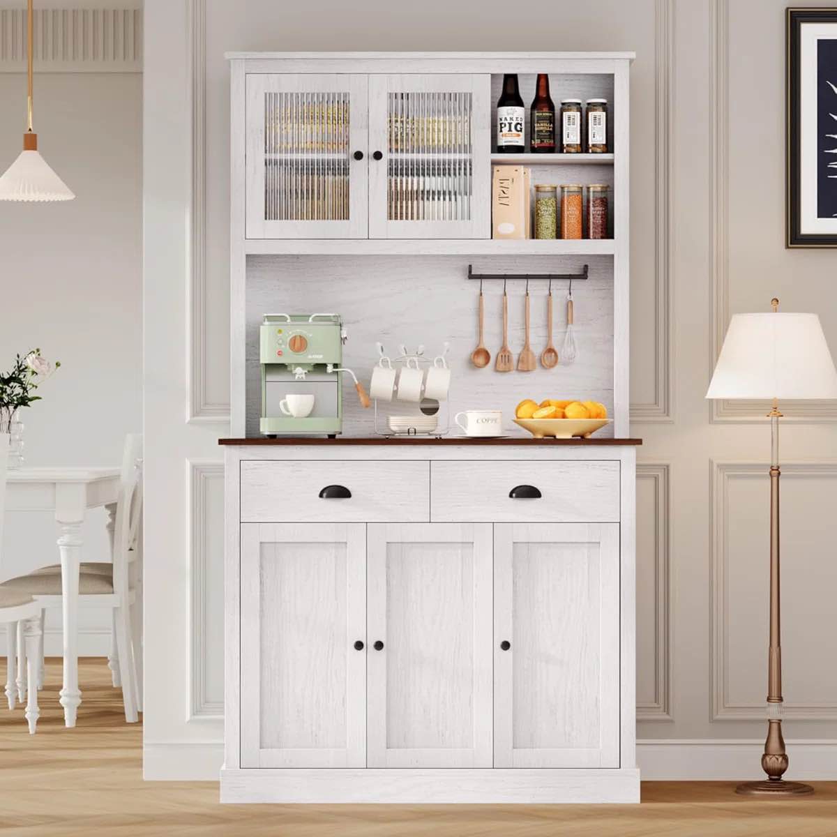 Coffee Bar Cabinet With Sliding Barn Doors 71 Farmhouse Pantry Cabinet With Drawers Wine Glass Rack Rustic Buffet Cabinet For Kitchen