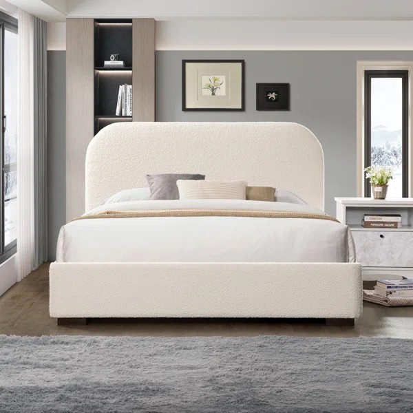 upholstered full size platform bed beige