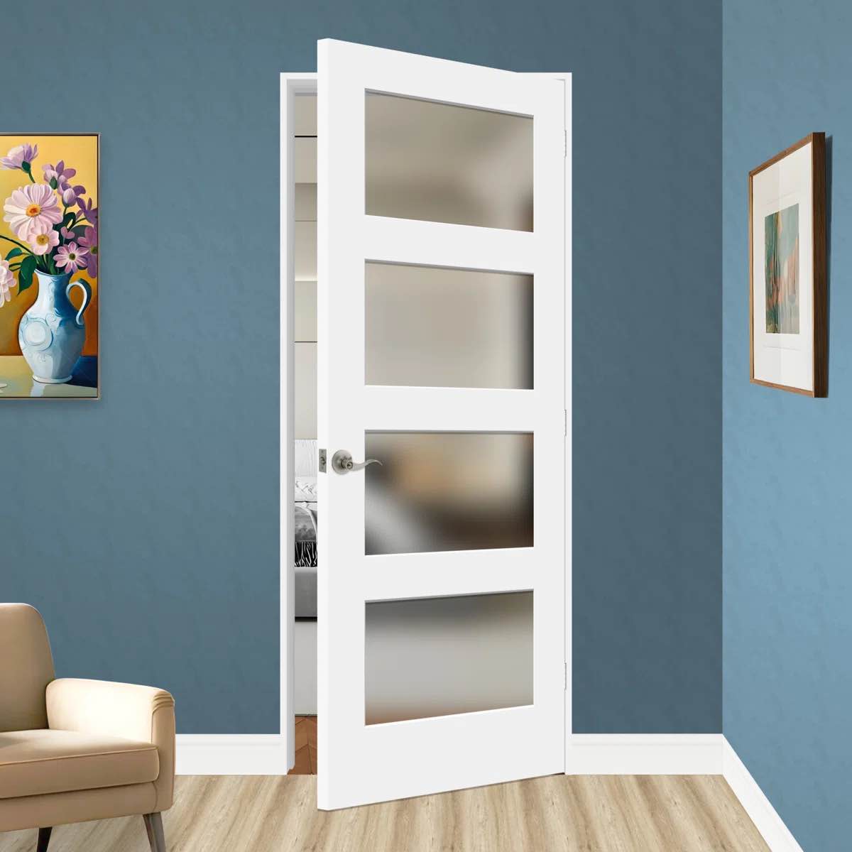 Condition photo showing Good Condition for Pre-drilled 80" Height 4-lite Frosted Tempered Glass And Solid Manufactured Wood White Primed Slab Door