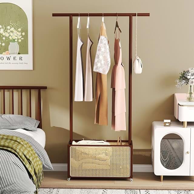 Condition photo showing Good Condition for Bamboo Clothes Rack with Rattan Storage Basket \u0026 Wheels, Rolling Garment Rack