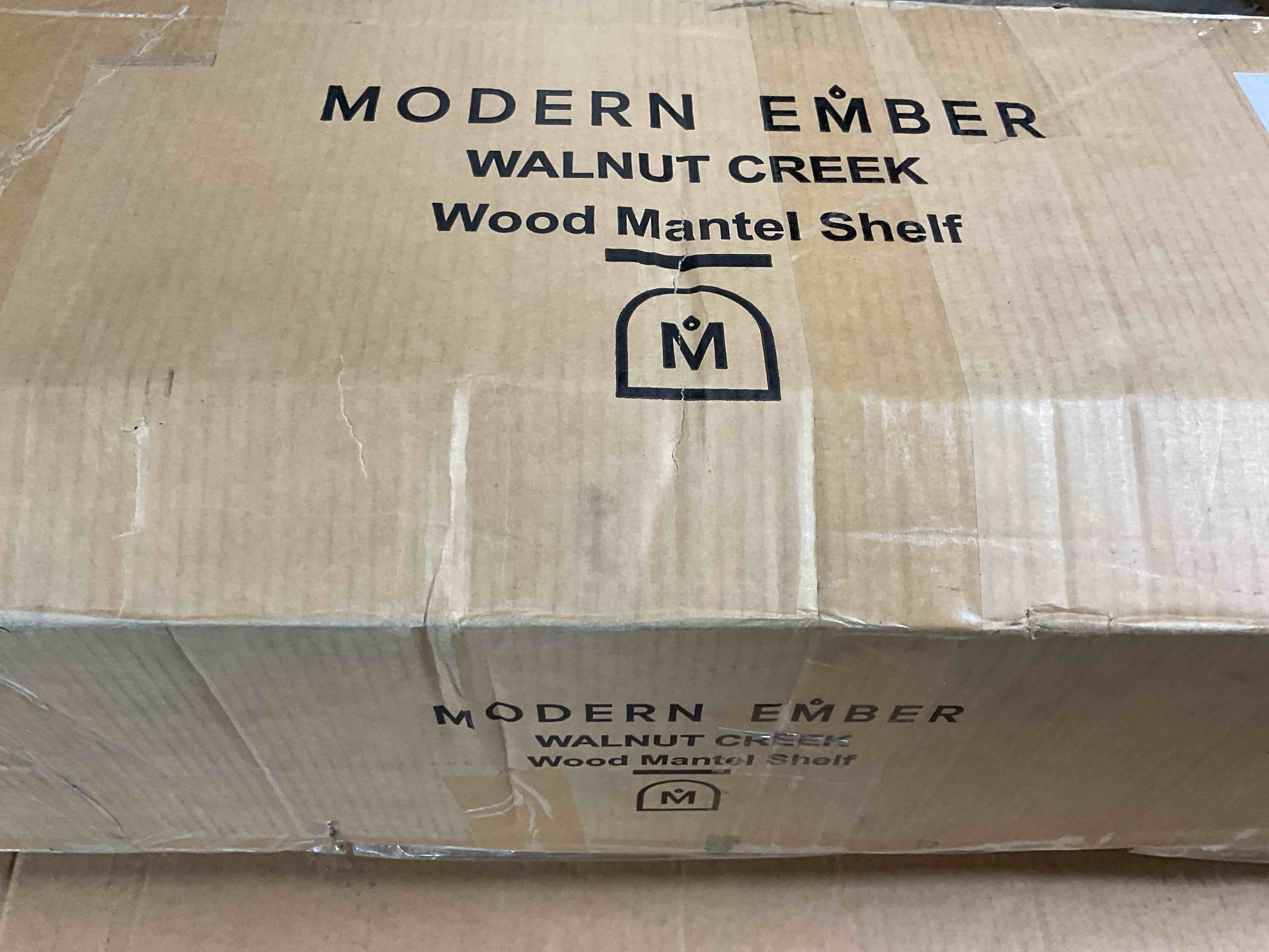 Condition photo showing Good Condition for Modern Ember Walnut Creek Fireplace Mantel Shelf - 9" Depth, Close-Grain Details - Real Walnut Wood