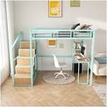 Condition photo showing Good Condition for Full Loft Bed W/Desk \u0026 Storage - Heavy Metal Frame, 4 Cabinets, Staircase \u0026 Rack  Space-Saver For Kids/Teens  Desk W/USB \u0026 Outlet (Green)