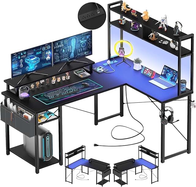 l-shaped desk with power outlet, gaming desk with led light,  reversible l-shaped computer desk with shelf, corner desk with storage bag\u0026hook, home office desk with cpu stand
