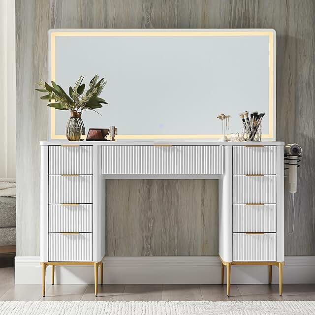 48" modern makeup vanity desk with mirror and lights, makeup vanity with 9 drawers with power outlet,adjustable lighting dressing table for bedroom