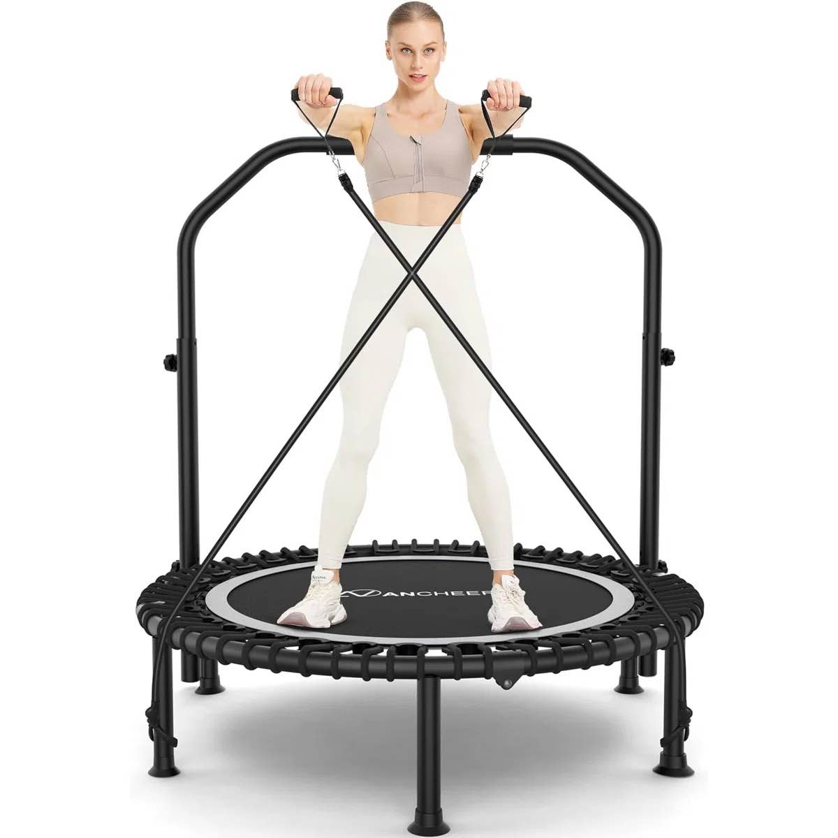 40" Foldable Mini Trampoline,Max Load 450Lbs Indoor Trampoline,With 4 Level Adjustable Foam Handle And Resistance Bands,Adult Exercise Trampoline For Home, Garden, And Gym