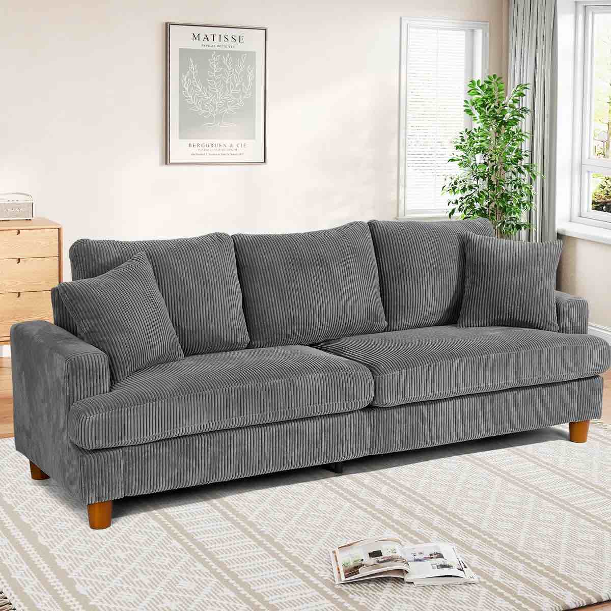 87"Solid Wood Leg Corduroy 3-Person Sofa with 2 Pillows