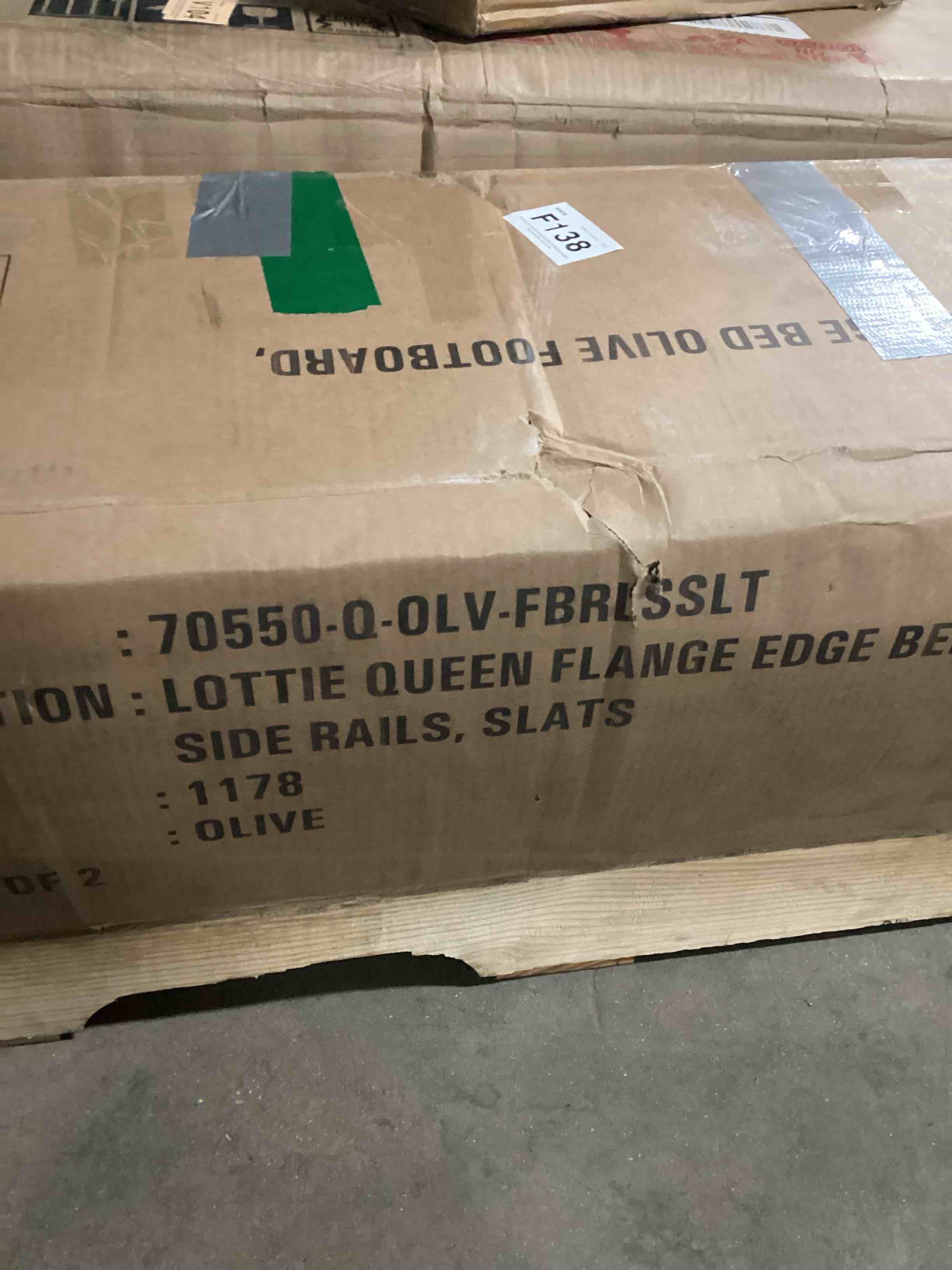 Condition photo showing Good Condition for (“INCOMPLETE “) (“BOX2 ONLY”)Lottie Queen Flange Edge bed olive foot board