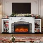 Electric Fireplace TV Stand with Mantel, Holds 90â€� TVs \u0026 Media Storage, Rustic Media Console for Living Room