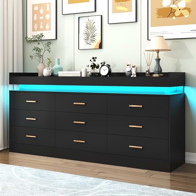 9-drawer Wide Dresser With Led Lights \u0026 Charging Hub