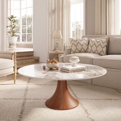 mid-century modern round coffee table stone marble effect wooden pedestal table for living room & home decor