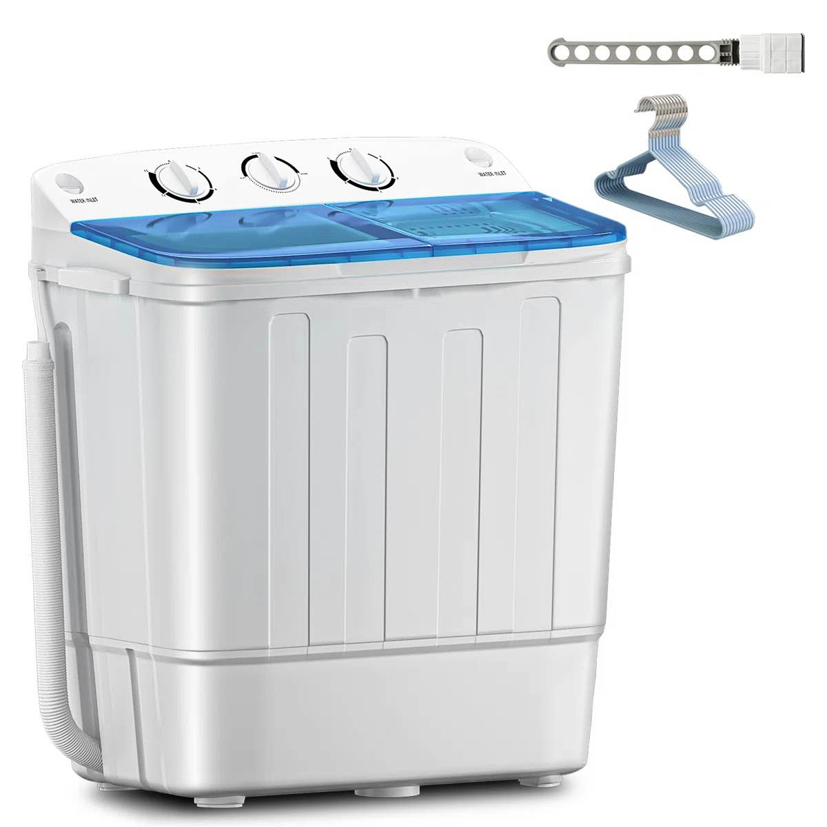 erivess compact mini twin tub 18lbs washing machine with drying rack and 10 hangers, 11 lbs washer mini compact laundry machine and 7 lbs spinner, convenient and efficient for dorms, apartment, blue