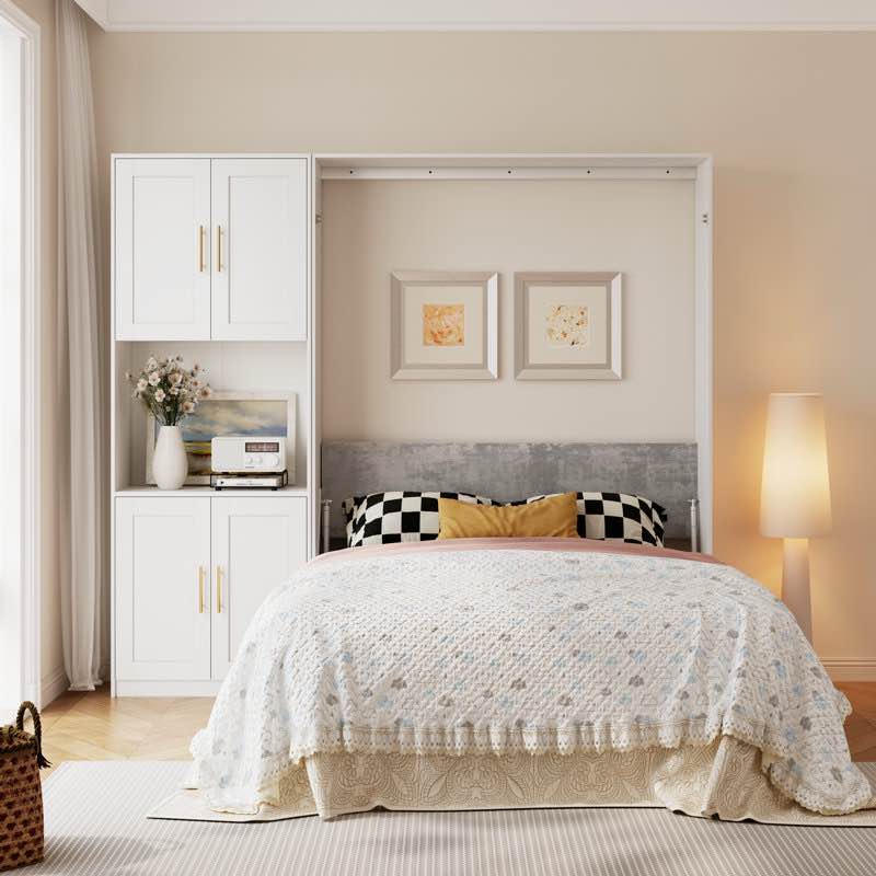 murphy bed queen with side cabinet storage shelves, modern queen size wall bed cabinet with wood slat, hidden foldable platform bed frame, space-saving, no spring box required
